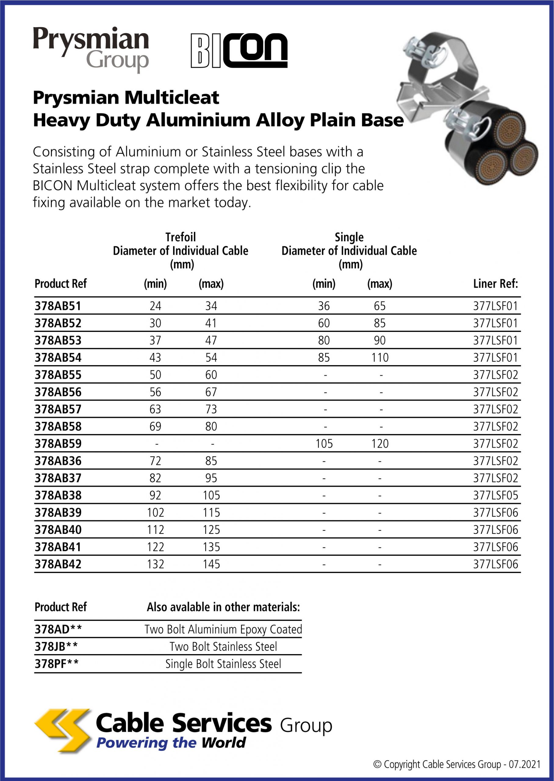 Prysmian Multicleat heavy duty aluminium alloy plain base table