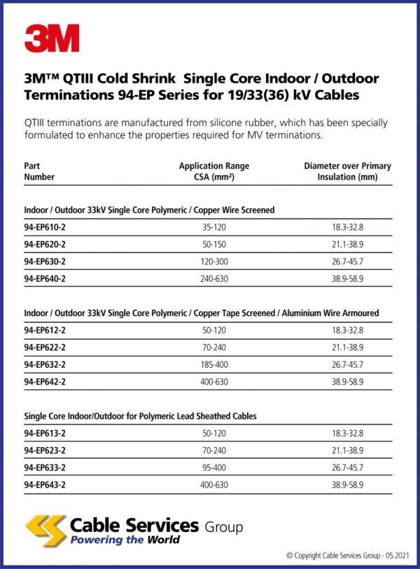 3M™ QTIII Cold Shrink Single Core Indoor / Outdoor Terminations 94EP