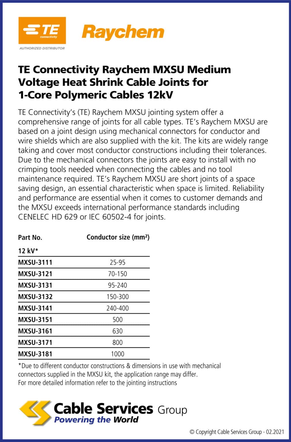 TE Connectivity Raychem MXSU Medium Voltage Heat Shrink Cable Joints ...