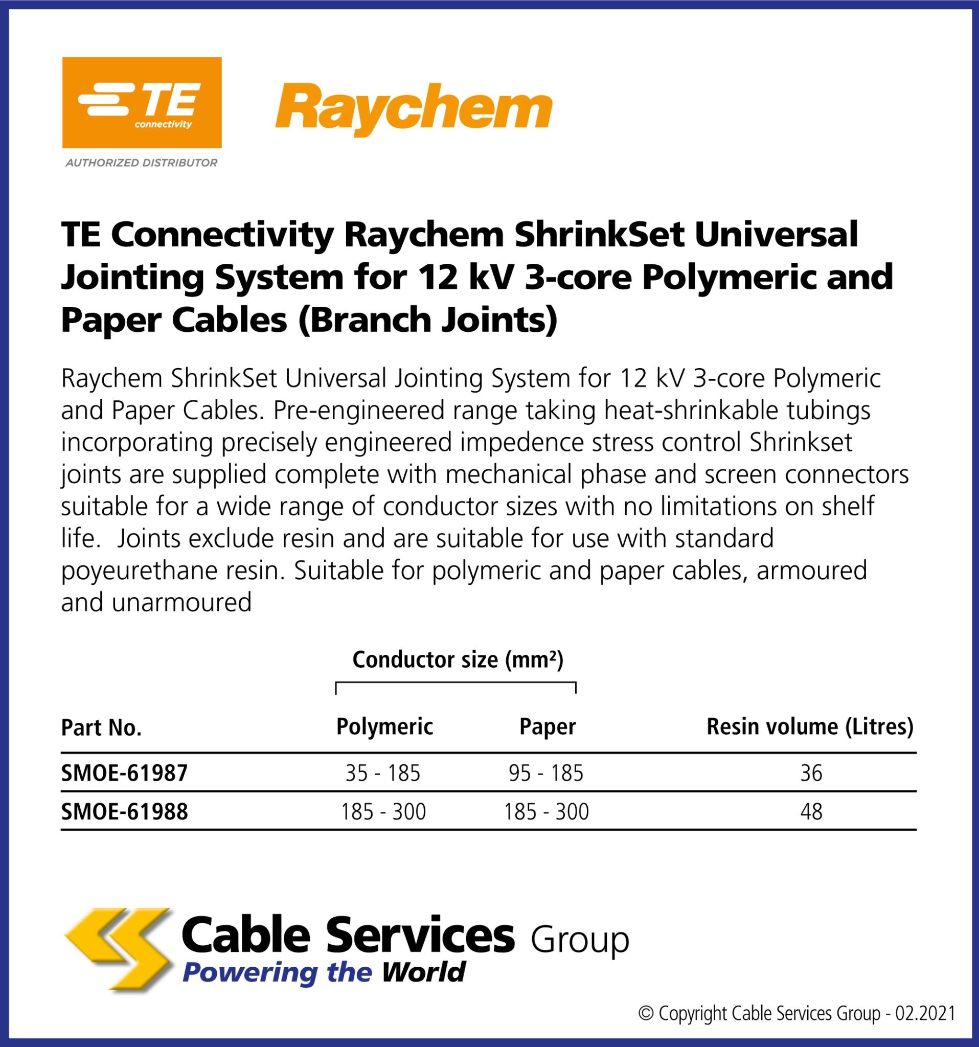 TE Connectivity Raychem ShrinkSet Universal Jointing System for 12 kV 3