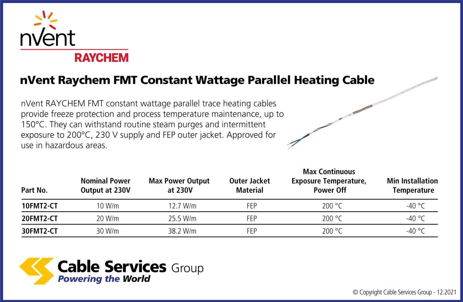 nVent Raychem FMT Constant Wattage Parallel Heating Cable Cable Services