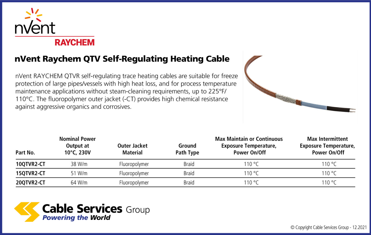 SelfRegulating Heating Cable nVent Raychem QTV