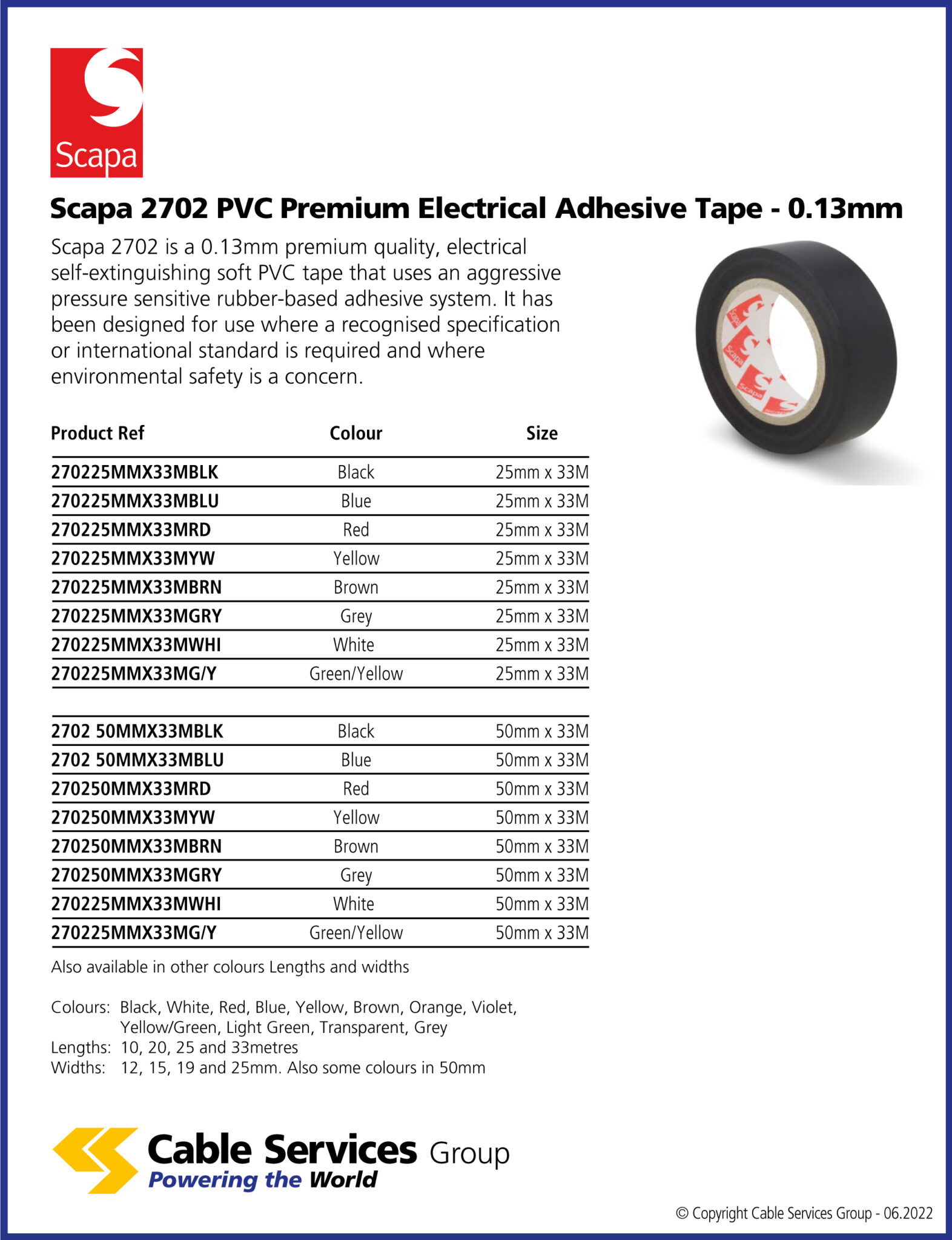 Scapa 2702 PVC Premium Electrical Adhesive Tape ‐ 0.13mm Cable Services