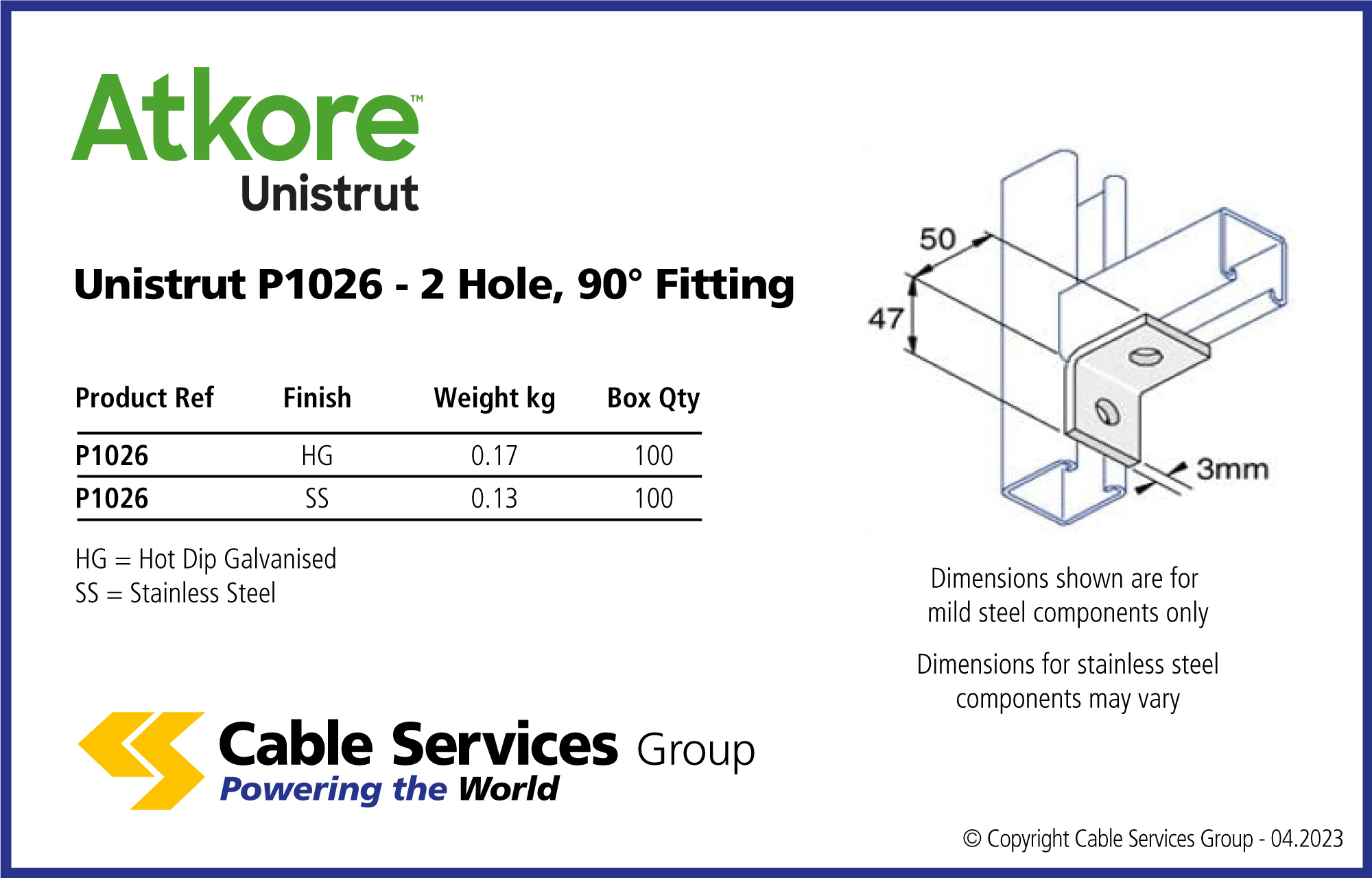Unistrut P1026 2 Hole, 90° Fitting Cable Services