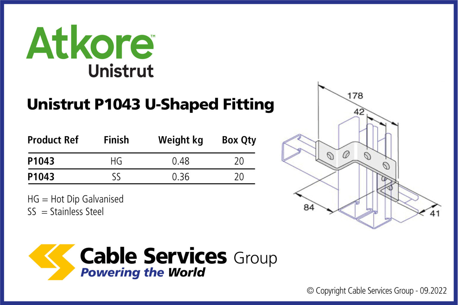 Unistrut P1043 UShaped Fitting Cable Services