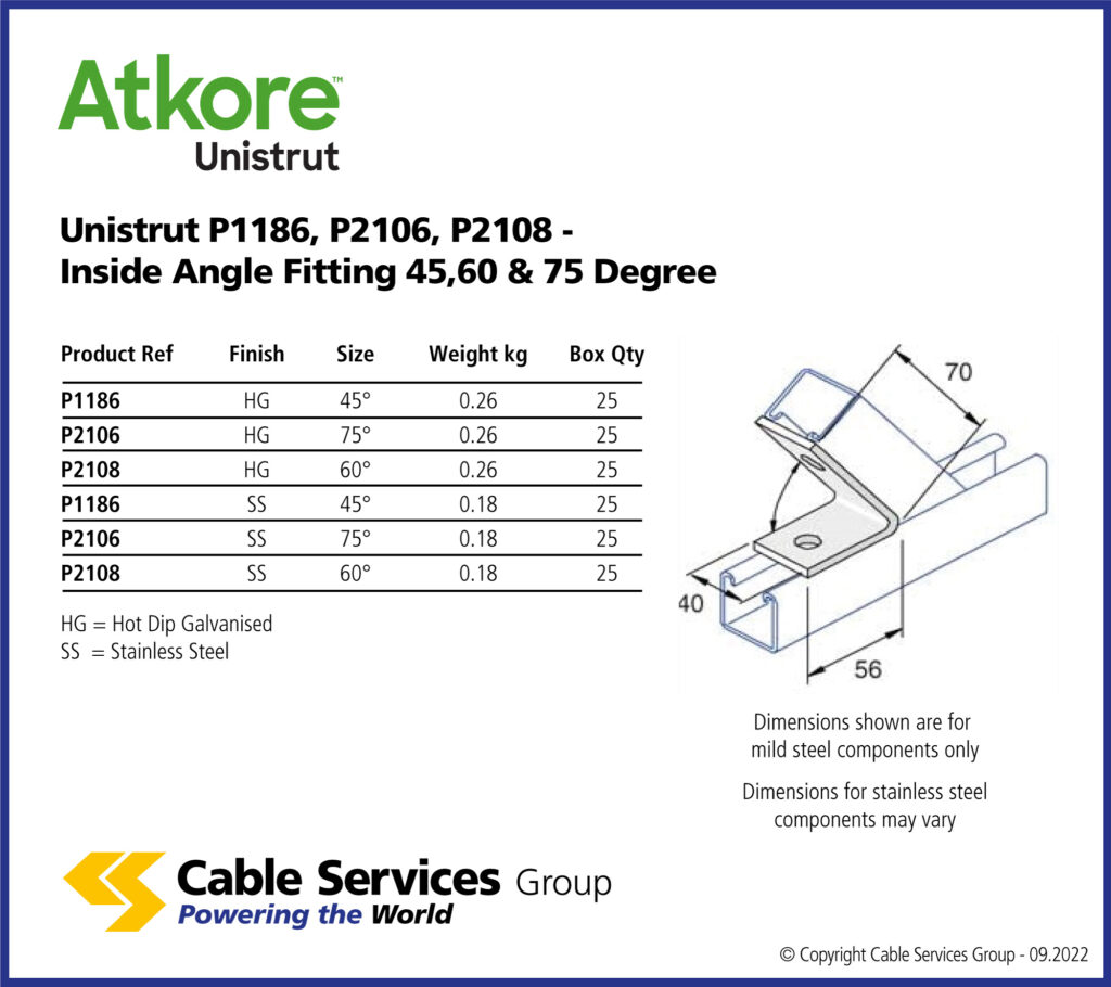 Unistrut P1186, P2106, P2108 Inside Angle Fitting 45,60 & 75 Degree