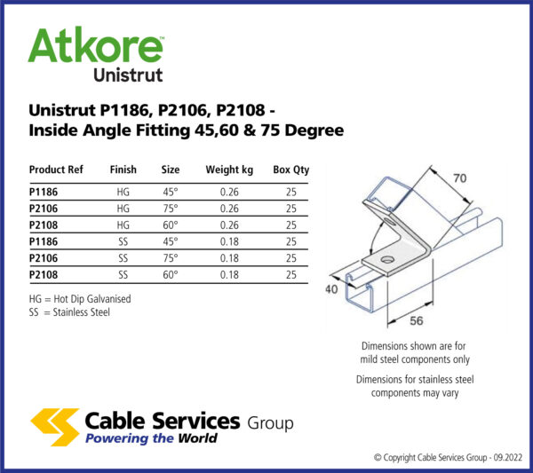 Unistrut P1186, P2106, P2108 Inside Angle Fitting 45,60 & 75 Degree