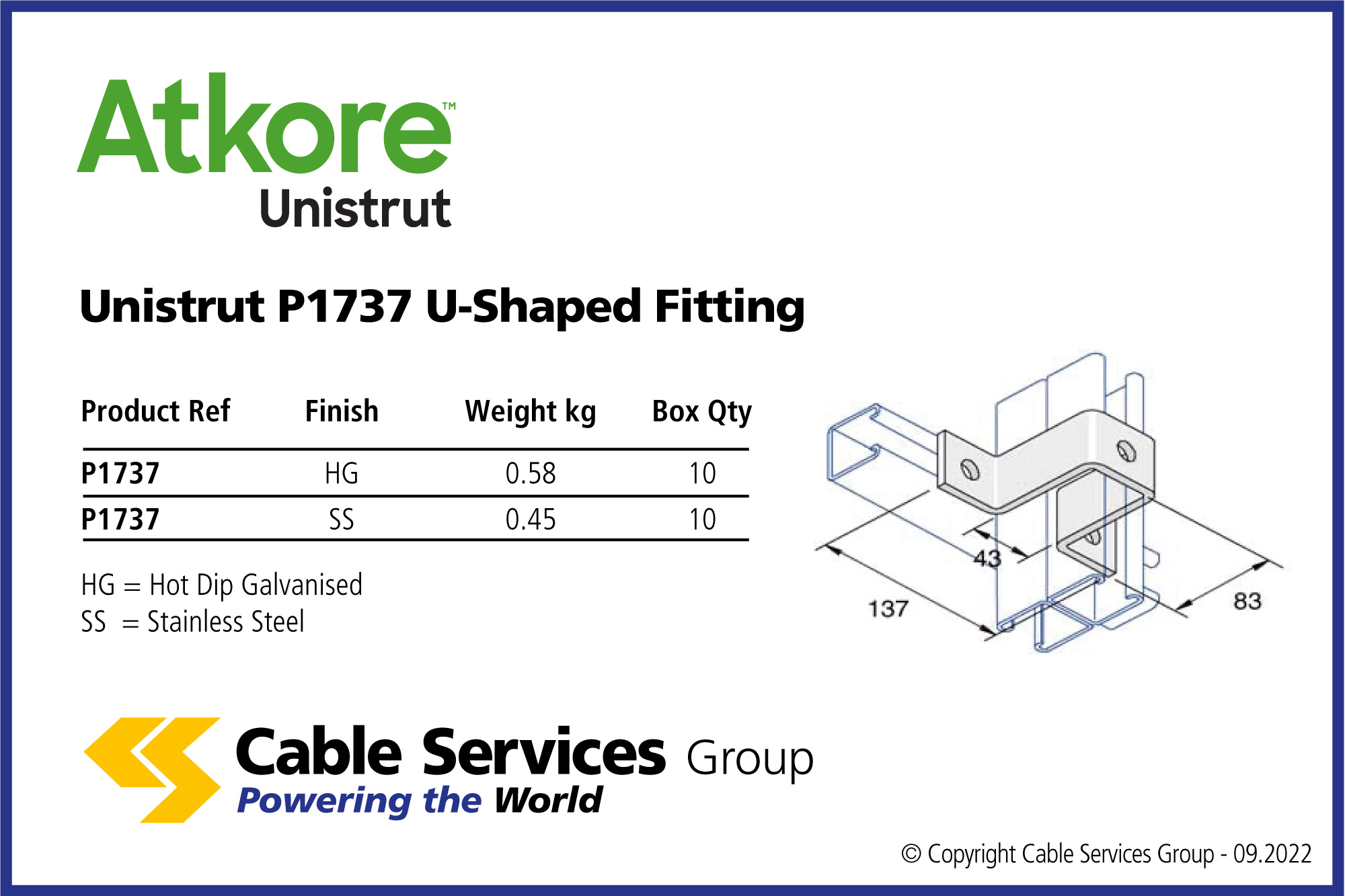 Unistrut P1737 UShaped Fitting Cable Services
