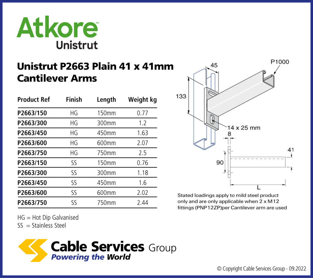 Unistrut P2663 Plain 41 x 41mm Cantilever Arms Cable Services