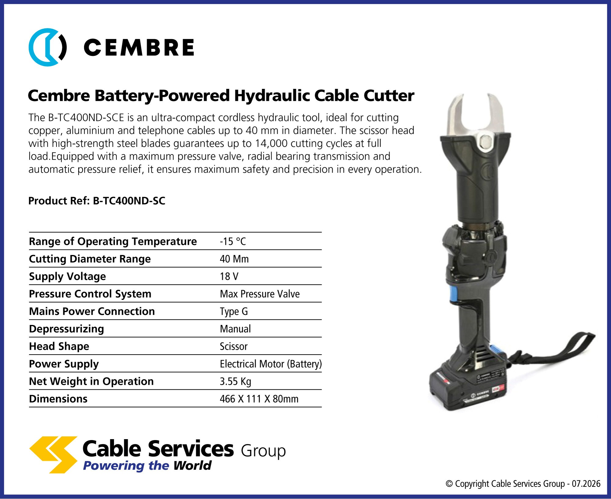 NEW Cembre B-TC400ND Cable Cutter Table